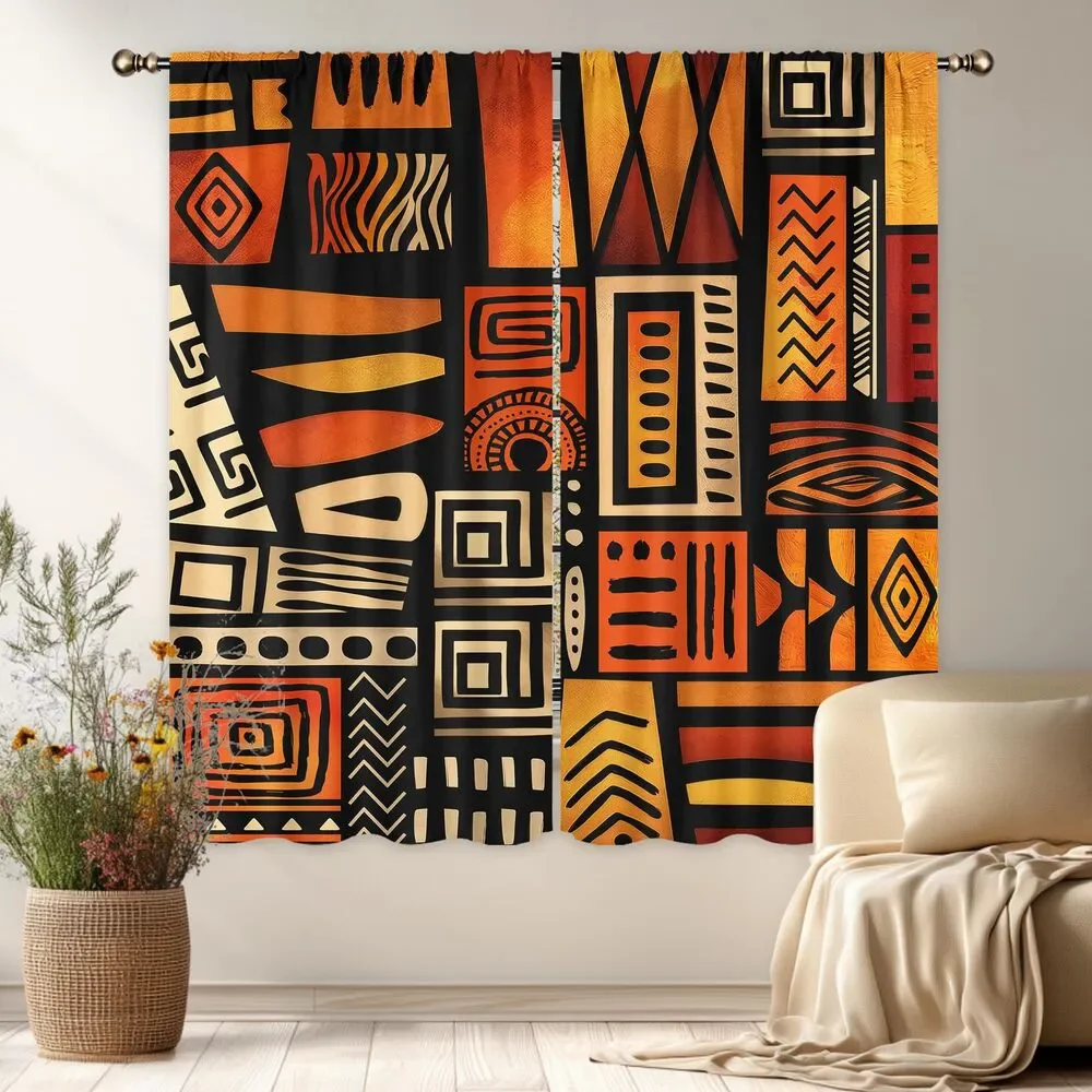 Set of 2 Curtain Panels, 42Wx63H, Orange African Curtains, Abstract Afro Tribal
